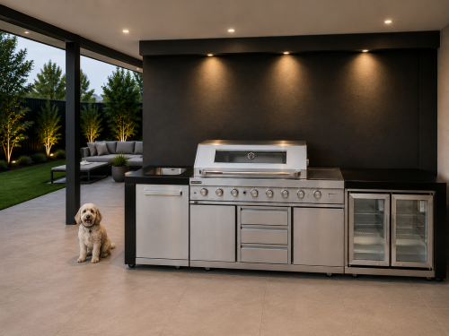 Grillmaster 8 Grand Royale BBQ with sink & double fridge - black